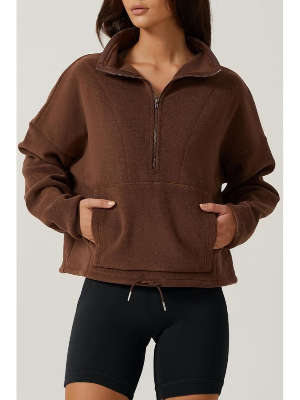 Women’s Chocolate Mock Neck Long Sleeve Half ZIP Fleece Pullover Sweatshirt - Picture 4 of 6